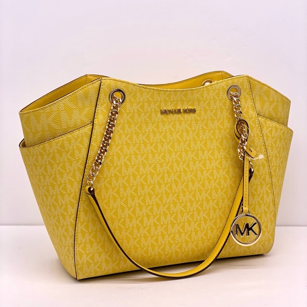 Michael Kors Signature Logo Chain Shoulder Tote DAISY YELLOW - Picture 10 of 14